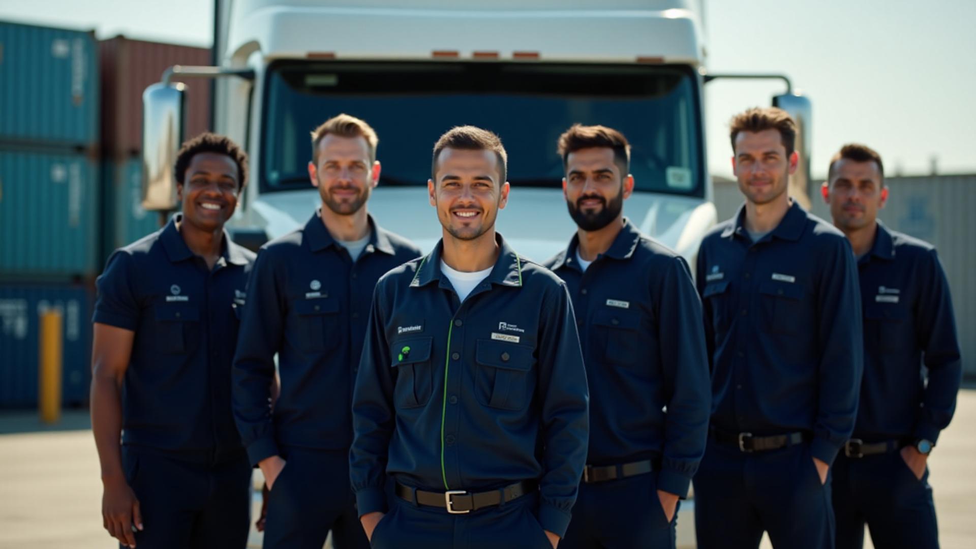 YG Trucking and Logistics professional team standing with modern freight equipment