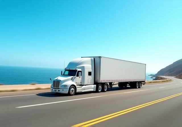 Modern dry van trailer on highway