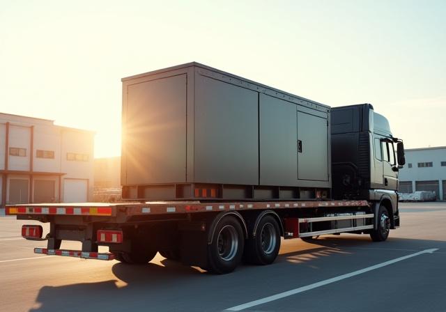 Flatbed truck hauling industrial equipment