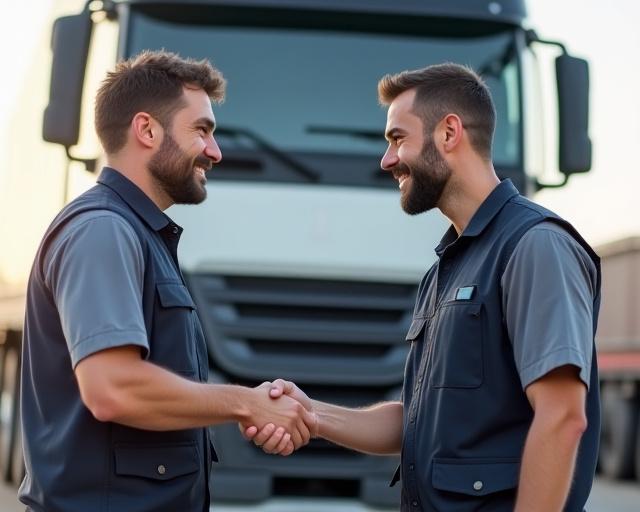 Logistics manager and truck driver shaking hands in front of a clean white truck
