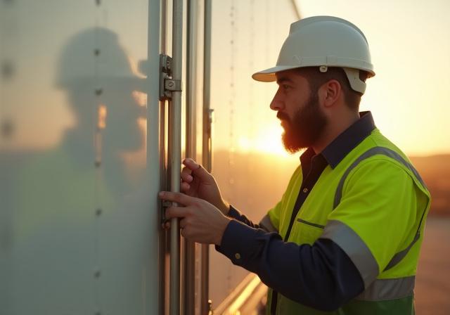 A professional driver performing a safety inspection on a secured trailer door